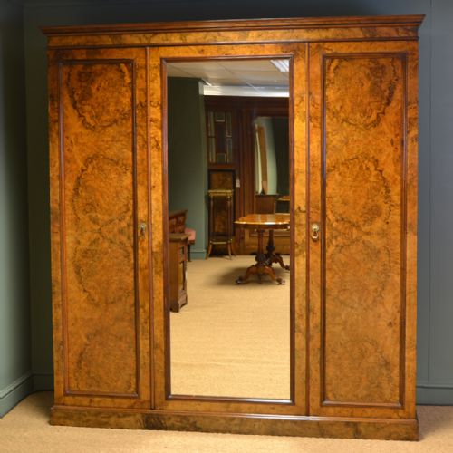 Magnificent Victorian Burr Walnut Antique Triple Wardrobe of Large Proportions