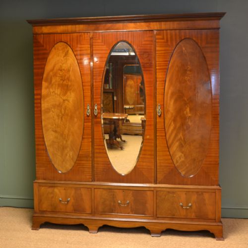 Edwardian Figured Mahogany Antique Triple Wardrobe