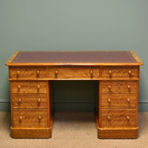 Spectacular Quality Figured Satin Birch Victorian Antique Pedestal Desk