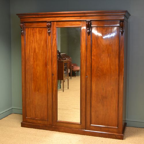 Spectacular Figured Mahogany William IV Antique Triple Wardrobe