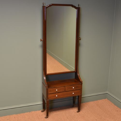 Unusual Edwardian Mahogany Antique Cheval Mirror with Drawers