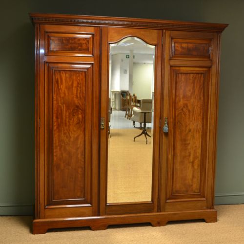 Beautifully Figured Victorian Mahogany Antique Triple Wardrobe