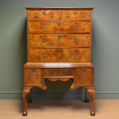
Magnificent Eighteenth Century Figured Walnut Antique Chest on Stand
