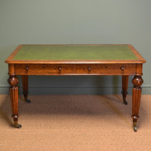 
Spectacular Quality Figured Oak Victorian Antique Writing Table by Hindley & Sons 
