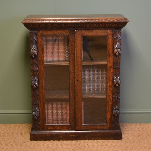 Victorian Carved Oak Antique Glazed Bookcase