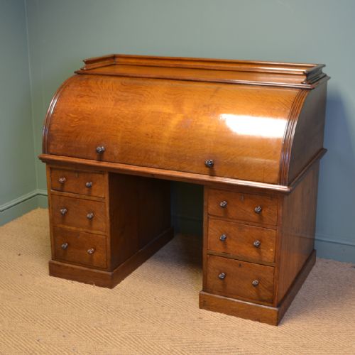 Large Country House Oak Cylindrical Antique Roll Top Desk