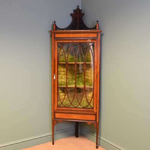 Striking Mahogany and Satinwood Glazed Floor Standing Victorian Antique Corner Cabinet