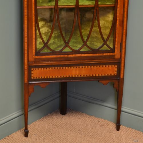fig 1. Striking Mahogany and Satinwood Glazed Floor Standing Victorian Antique Corner Cabinet