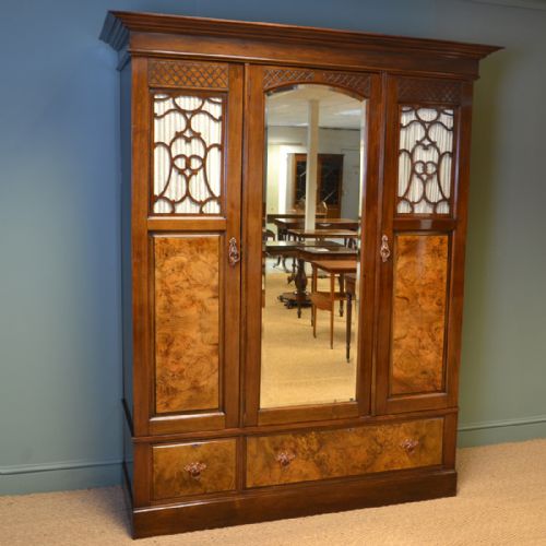 Magnificent Figured Walnut Victorian Antique Triple Wardrobe