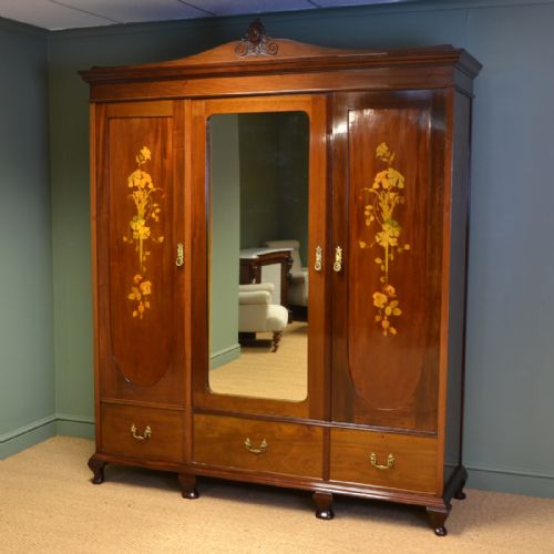 Elegant Victorian Walnut Inlaid Antique Triple Wardrobe
