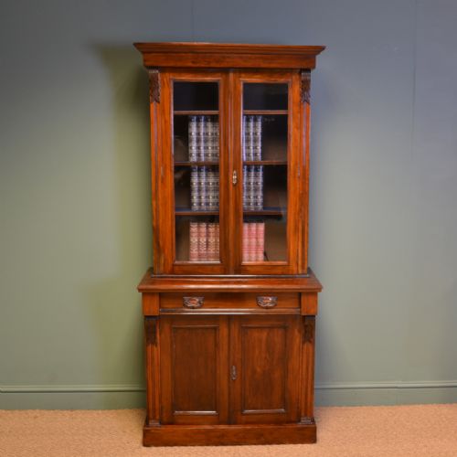 Striking Small Glazed Figured Walnut Antique Victorian Bookcase on Cupboard