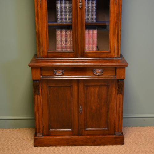 fig 1. Striking Small Glazed Figured Walnut Antique Victorian Bookcase on Cupboard