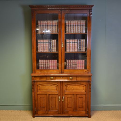 Spectacular Quality Arts & Crafts Victorian Walnut Glazed Bookcase on Cupboard 

