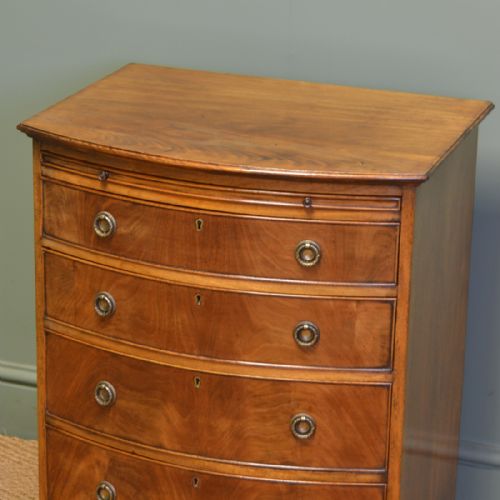 fig 1. Small Edwardian Bow Fronted Mellow Mahogany Antique Chest of Drawers with Brushing Slide