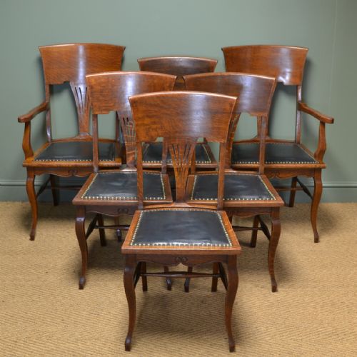 Unusual Set of Six Edwardian Oak Arts & Crafts Antique Dining Chairs