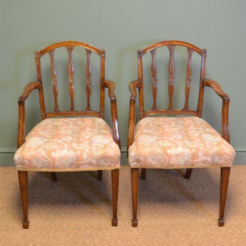 
Elegant Pair of Edwardian Walnut Hepplewhite Design Antique Carver Chairs 
