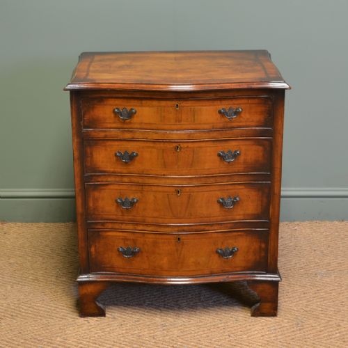 
Stunning Edwardian Small Figured Walnut Antique Serpentine Chest of Drawers
