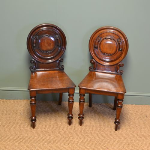 Unusual Pair of Moulded Back Antique Mahogany Hall Chairs