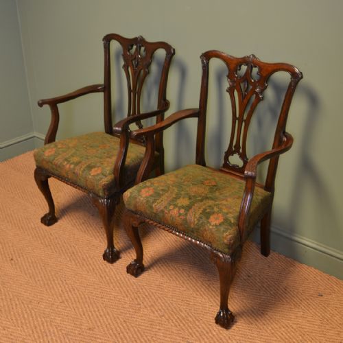 fig 2. Pair of Edwardian Walnut Antique Chippendale Design Carver Arm Chairs