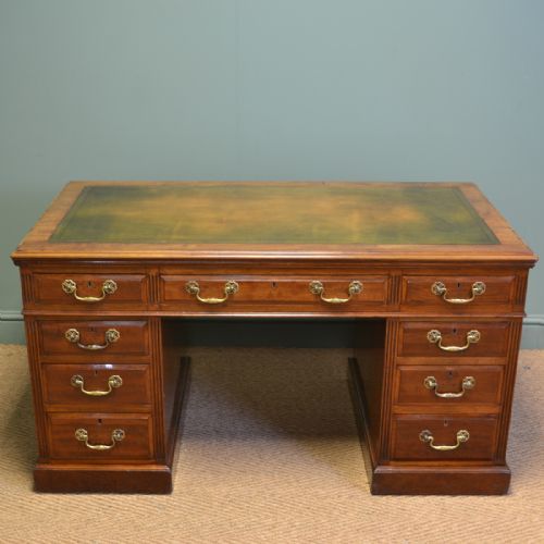 Large Victorian Walnut Antique Pedestal Desk
