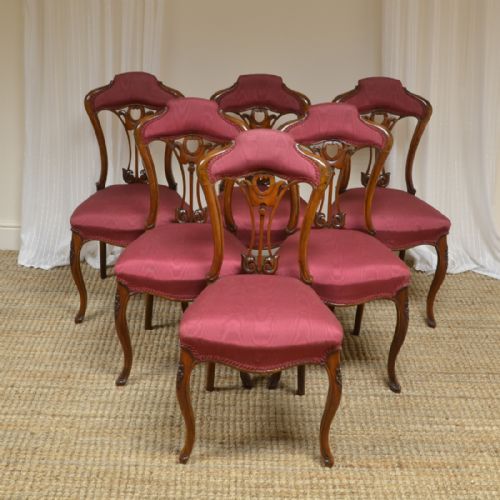 Unusual Set of Six Victorian Walnut Art Nouveau Dining Chairs