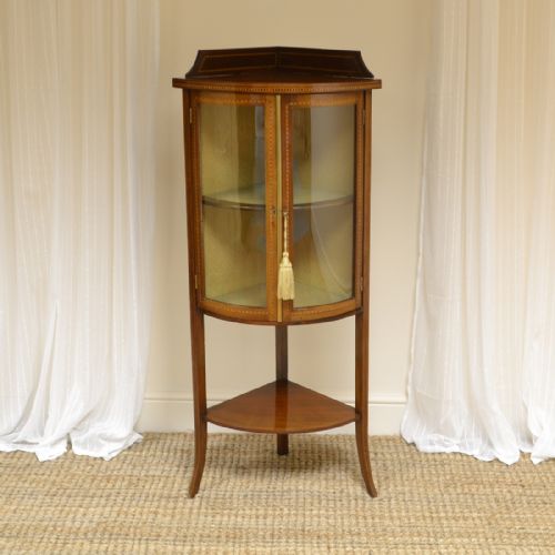 Small Elegant Glazed Edwardian Inlaid Mahogany Antique Corner Cabinet