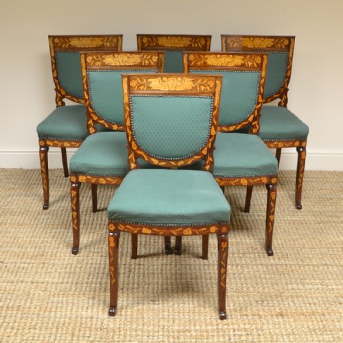 Set of Six Mahogany Dutch Marquetry Victorian Antique Dining Chairs