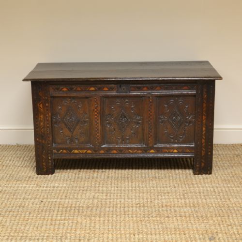 17th Century Period Oak Inlaid Antique Coffer