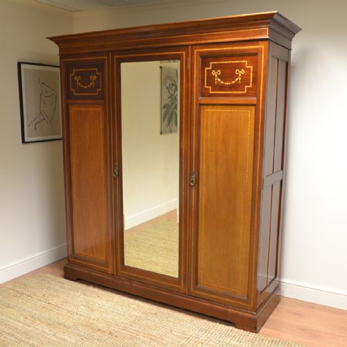 Inlaid Edwardian Mahogany Antique Triple Wardrobe