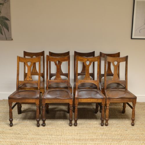 Unusual Arts & Crafts Oak 8 Country Antique Chairs