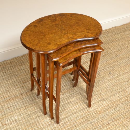 Edwardian Burr Walnut Antique Nest of Three Tables