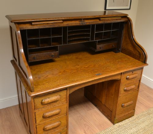 fig 1. Quality Golden Oak Edwardian Antique Roll Top Desk