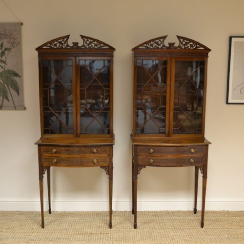 Chippendale Design Edwardian Walnut Pair of Antique Bookcases