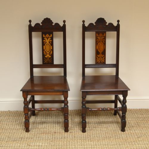 Pair of Victorian Walnut Inlaid Antique Hall Chairs