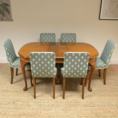 Stylish Art Deco Figured Walnut Antique Table and Six Chairs