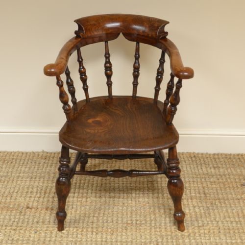Spectacular Figured Elm Early Victorian Antique Smokers Bow Arm Chair