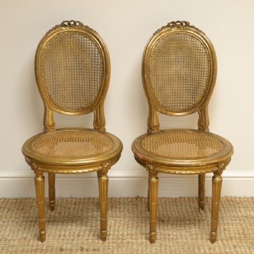 Unusual Decorative Pair of Victorian Antique Gilt Side Chairs
