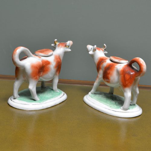 fig 1. Near Pair Victorian Staffordshire Pottery Cow Creamers with Lids