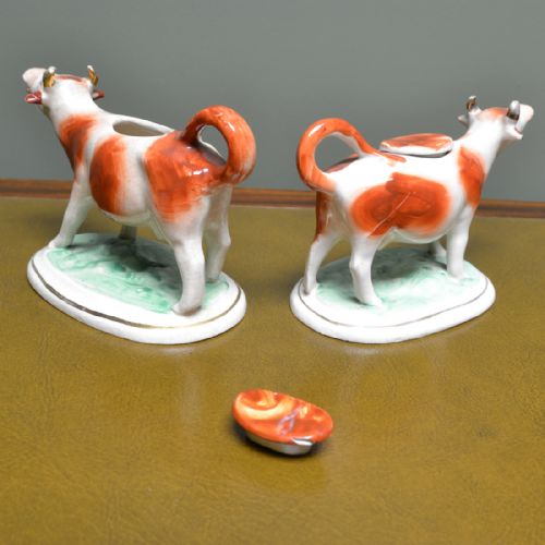 fig 1. Near Pair Victorian Staffordshire Pottery Cow Creamers