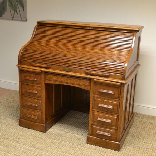 Quality Large Edwardian Golden Oak Antique Roll Top Desk