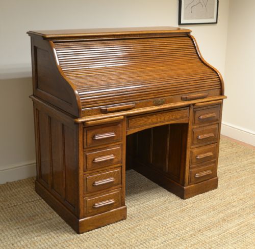 fig 2. Quality Large Edwardian Golden Oak Antique Roll Top Desk