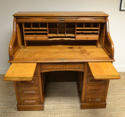fig 3. Quality Large Edwardian Golden Oak Antique Roll Top Desk
