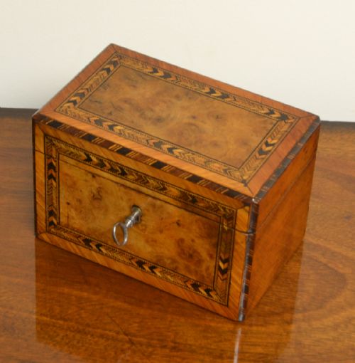 fig 1. Stunning Burr Walnut, Tunbridge Inlaid Small Antique Tea Caddy