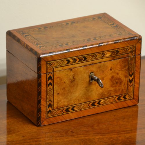fig 2. Stunning Burr Walnut, Tunbridge Inlaid Small Antique Tea Caddy