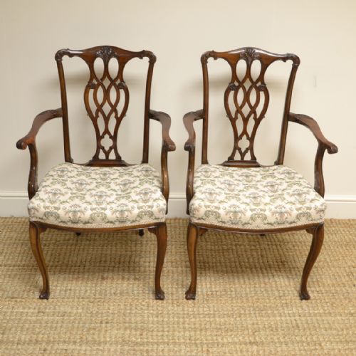 Elegant Pair of Chippendale Design Walnut Antique Carver Armchairs