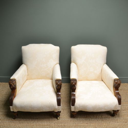 Quality Pair of Upholstered Victorian Antique Arm Chairs