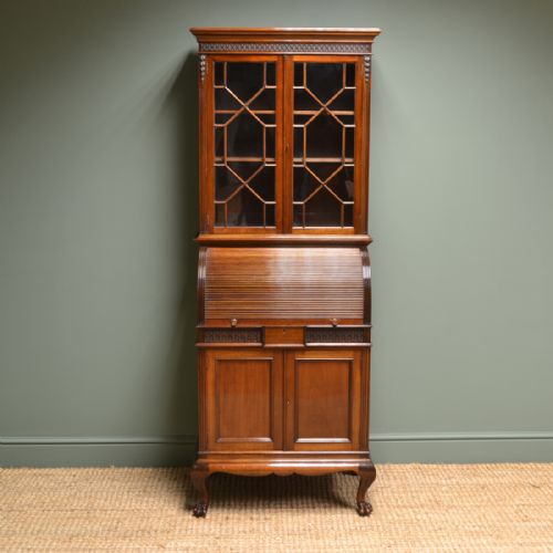 Unusual Edwardian Walnut Antique Cylinder Bookcase