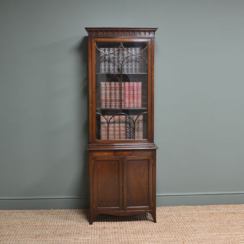 Unusual Tall Slim Inlaid Mahogany Antique Edwardian Bookcase