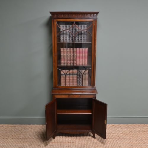 fig 1. Unusual Tall Slim Inlaid Mahogany Antique Edwardian Bookcase