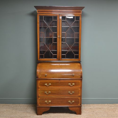 Stunning Edwardian Inlaid Mahogany Antique Cylinder Bookcase